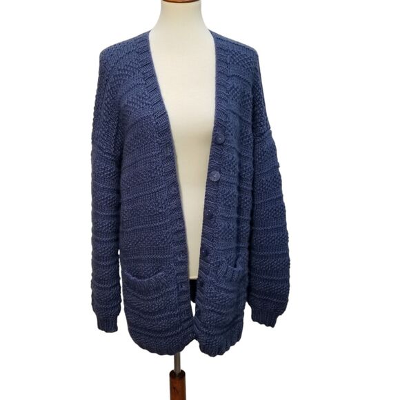 Aran Style Womens Cardigan Sweater Blue Wool Chunky Knit Long Pockets Fits Sz L - Picture 2 of 13